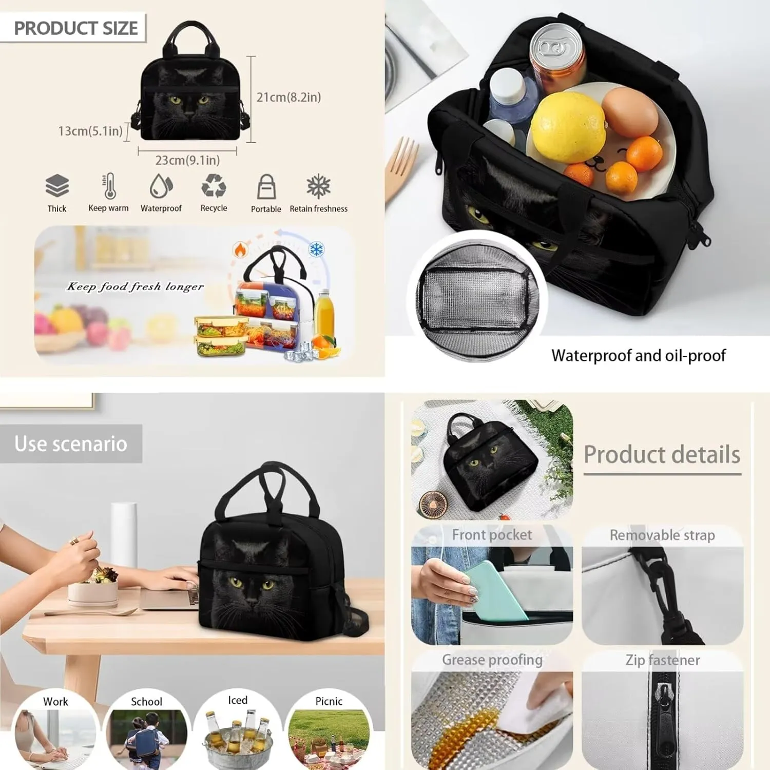 HUGS IDEA Black Cat Kids Backpack for Teen Girls School Bag for Kids 4-in-1 Bookbag Set with Lunch Box Pencil Case Water Bottle Sleeve Lightweight Elementary Schoolbag Set Mochilas Para NiñA