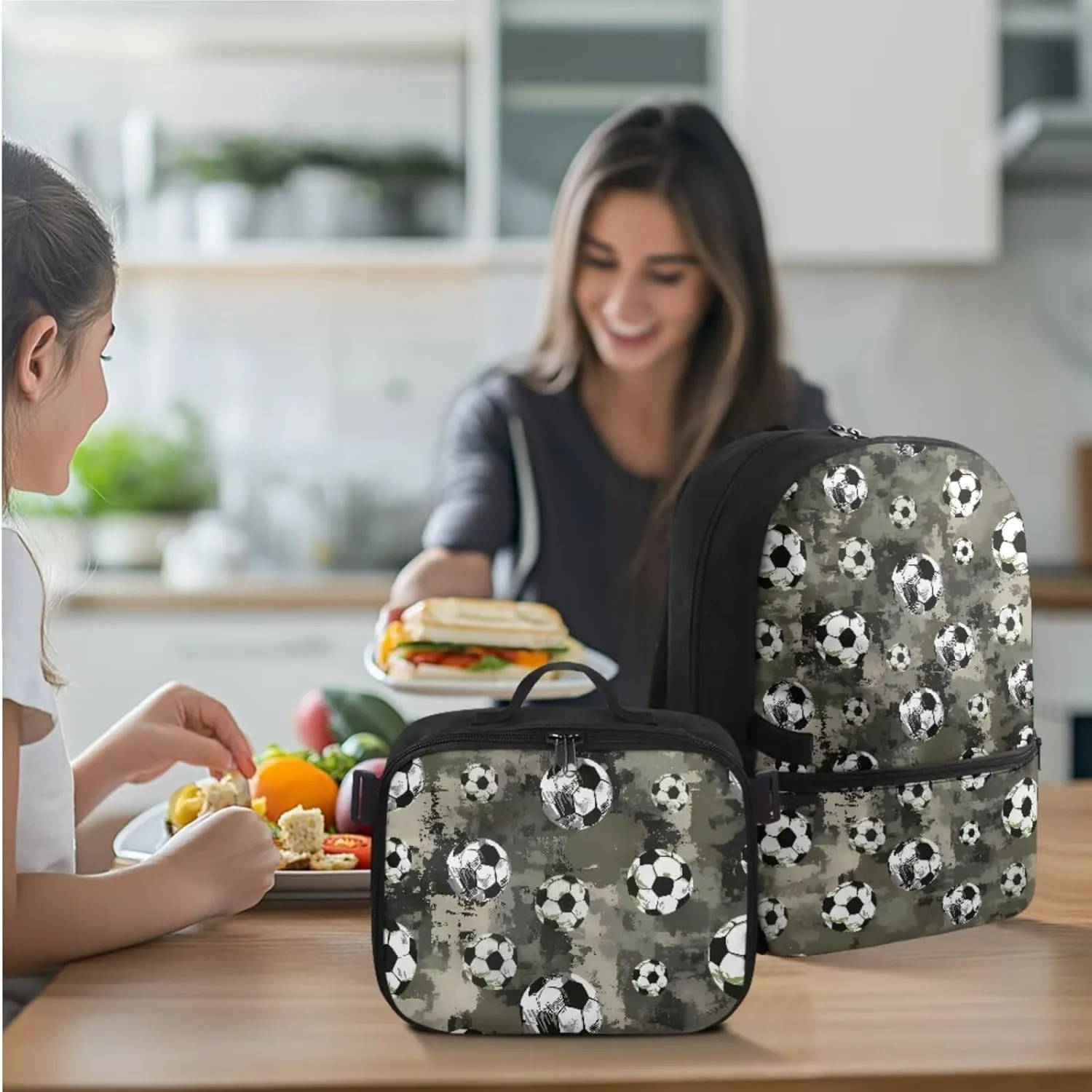 HUGS IDEA Camouflage Football School Backpack for Boys with Lunch Box Cool Kids Bookbag for Boys 6-8 Kids Backpack for Elementary Studnets Book Bag Set Lightweight Children's Schoolbag