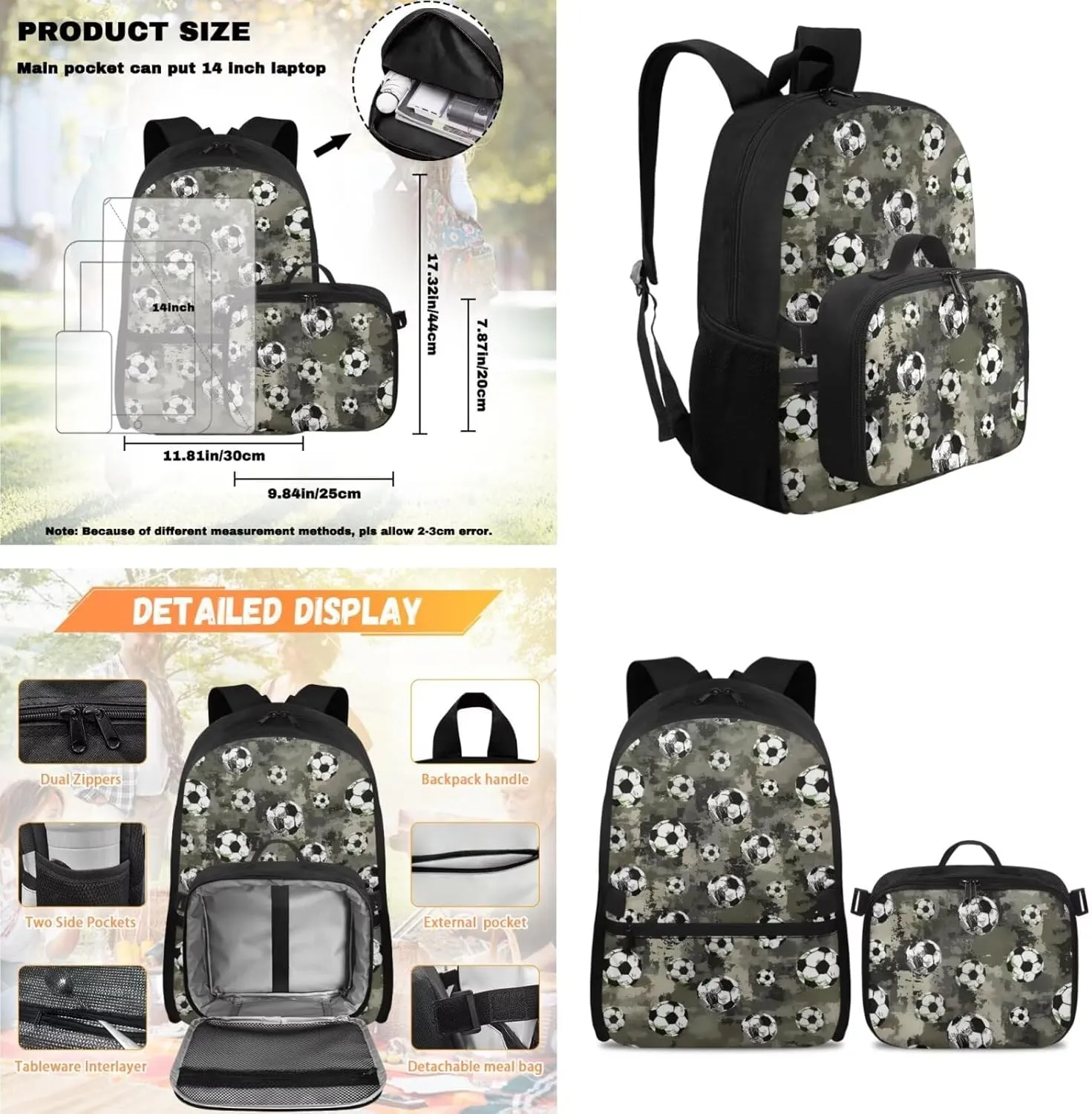 HUGS IDEA Camouflage Football School Backpack for Boys with Lunch Box Cool Kids Bookbag for Boys 6-8 Kids Backpack for Elementary Studnets Book Bag Set Lightweight Children's Schoolbag