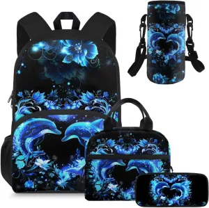 HUGS IDEA School Bookbag for Elementary School Girls Blue Dolphin Backpack for Girls Backpack Purse for School Lightweight Kids Bookbag with Lunch Box Set Cute Girls School Bag Set 4 in 1 Set