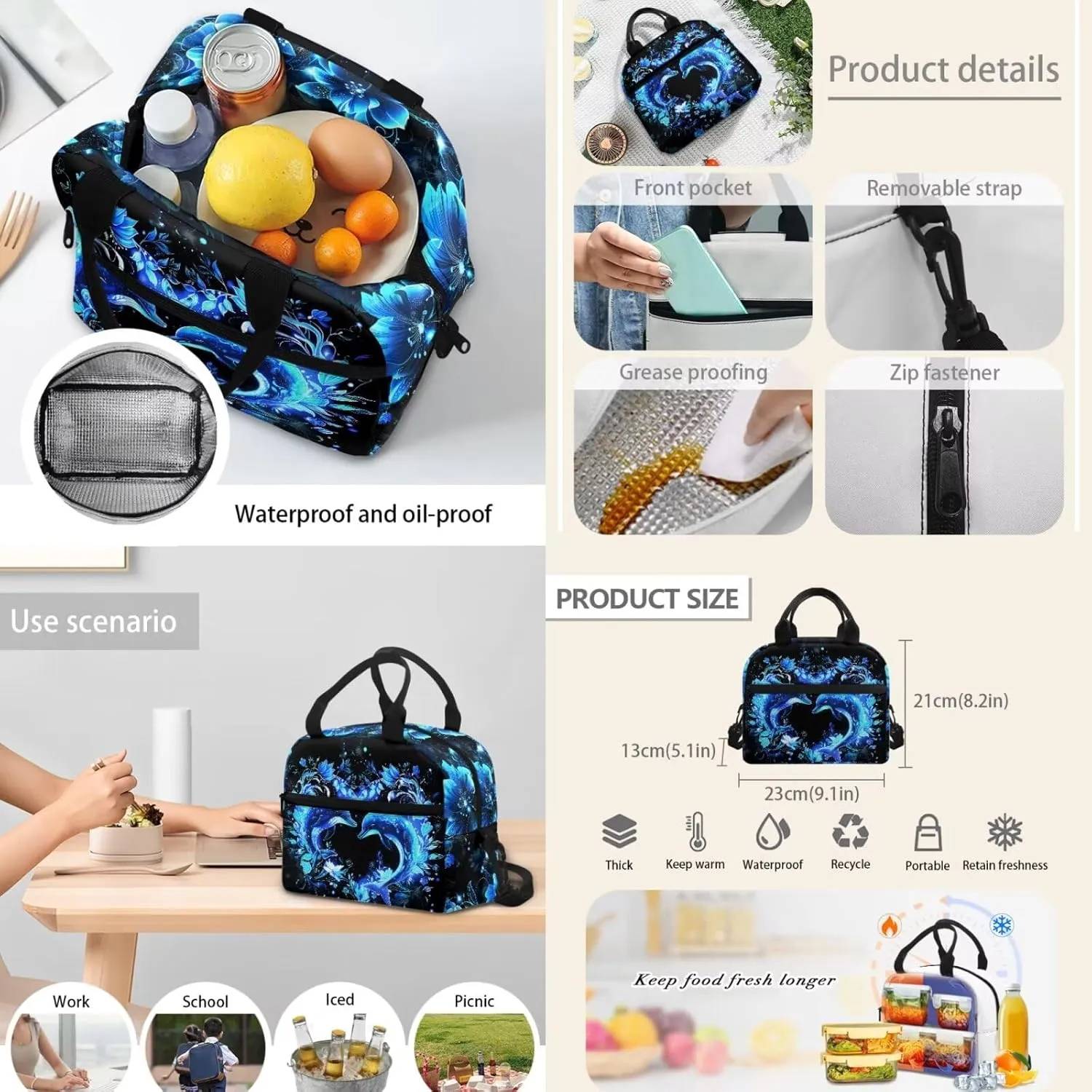 HUGS IDEA School Bookbag for Elementary School Girls Blue Dolphin Backpack for Girls Backpack Purse for School Lightweight Kids Bookbag with Lunch Box Set Cute Girls School Bag Set 4 in 1 Set