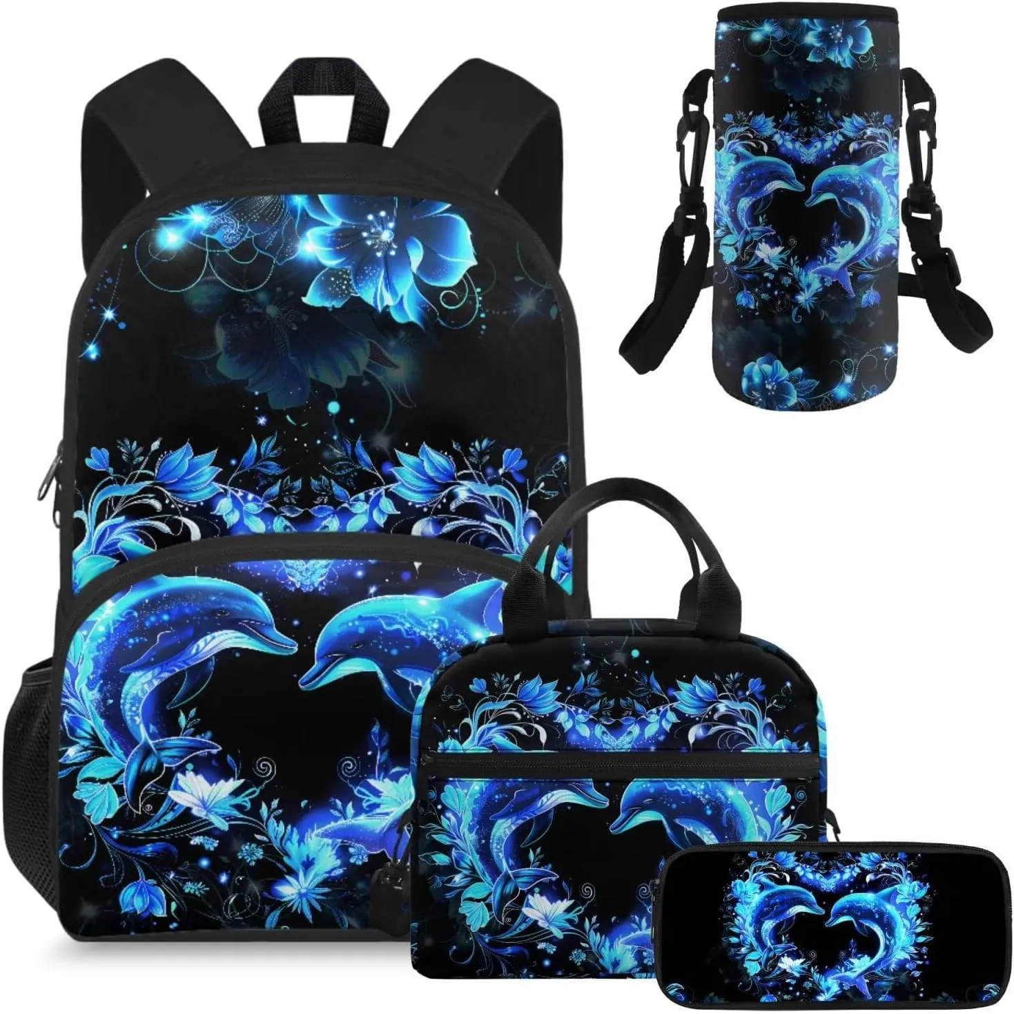 HUGS IDEA School Bookbag for Elementary School Girls Blue Dolphin Backpack for Girls Backpack Purse for School Lightweight Kids Bookbag with Lunch Box Set Cute Girls School Bag Set 4 in 1 Set