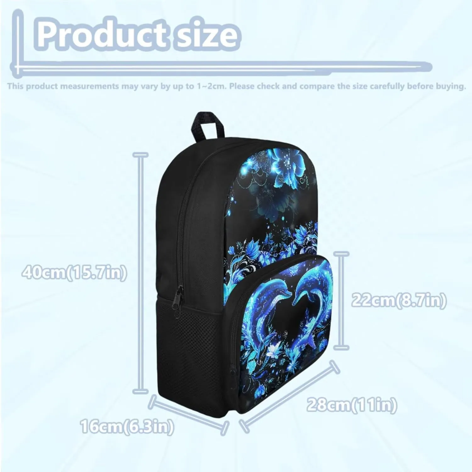 HUGS IDEA School Bookbag for Elementary School Girls Blue Dolphin Backpack for Girls Backpack Purse for School Lightweight Kids Bookbag with Lunch Box Set Cute Girls School Bag Set 4 in 1 Set
