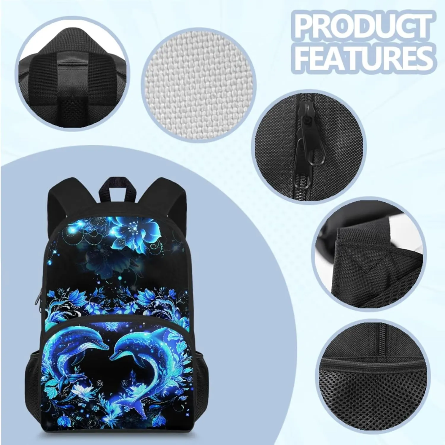 HUGS IDEA School Bookbag for Elementary School Girls Blue Dolphin Backpack for Girls Backpack Purse for School Lightweight Kids Bookbag with Lunch Box Set Cute Girls School Bag Set 4 in 1 Set
