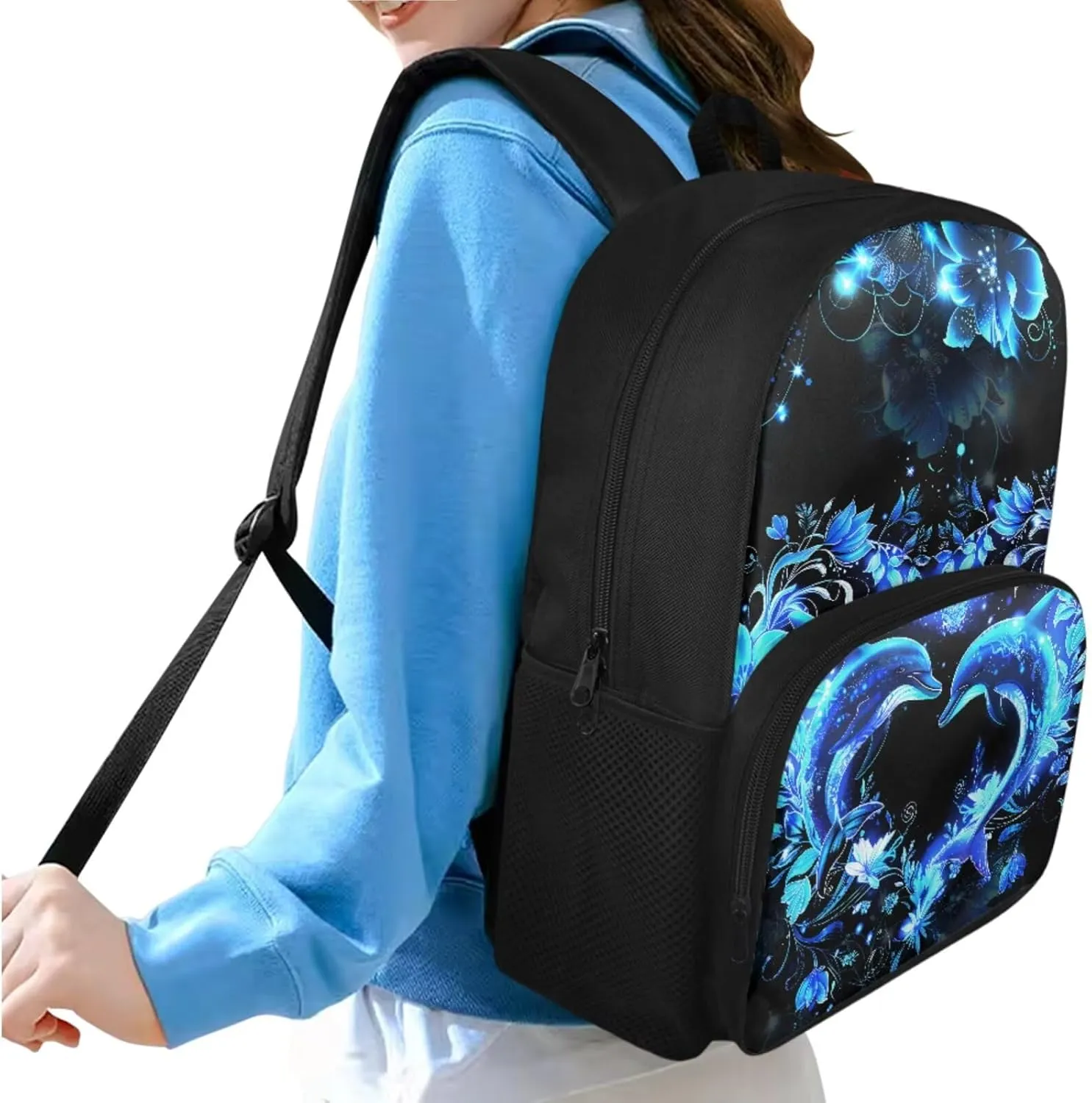 HUGS IDEA School Bookbag for Elementary School Girls Blue Dolphin Backpack for Girls Backpack Purse for School Lightweight Kids Bookbag with Lunch Box Set Cute Girls School Bag Set 4 in 1 Set