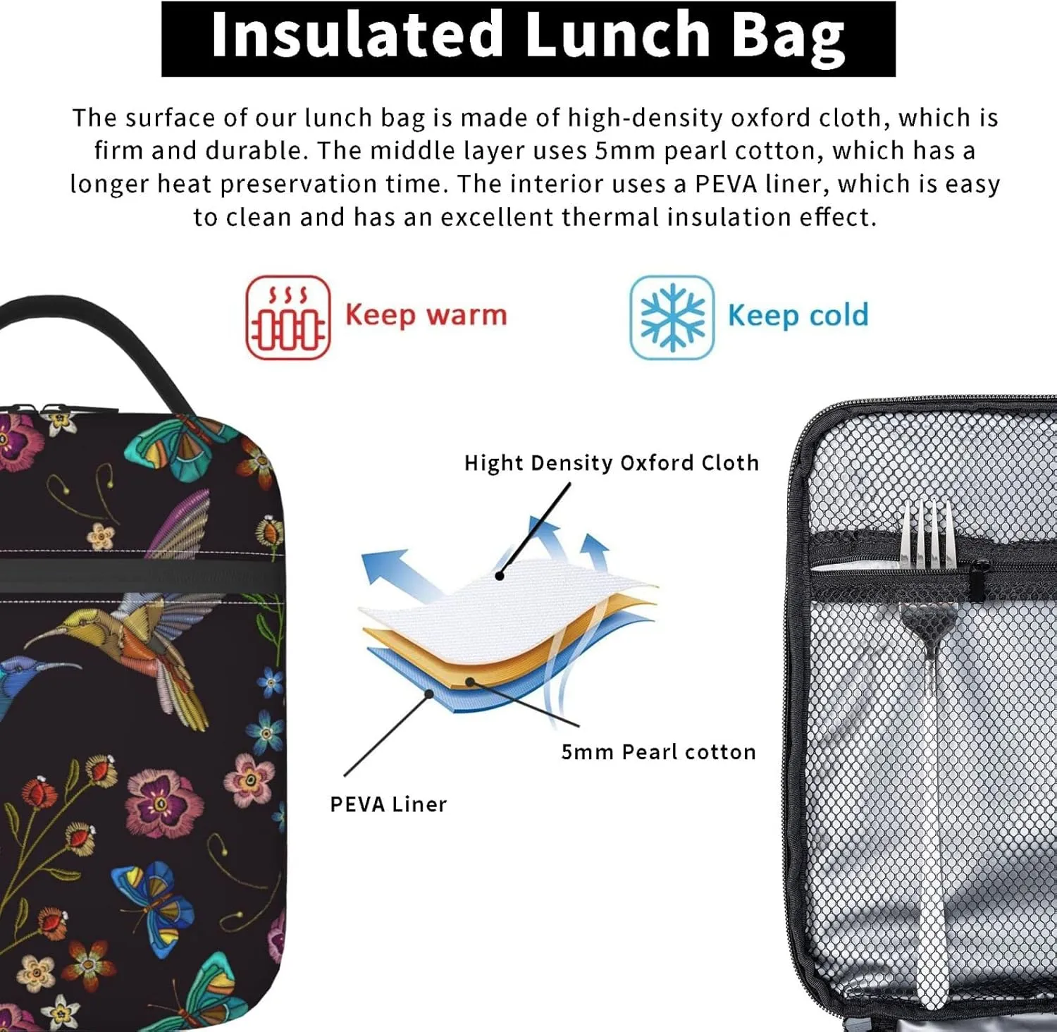 Hummingbird Bird With Flowers Portable Lunch Bag Insulated Meal Bag Reusable Lunch Box Cooler Bag Food Container For School Work Travel Picnic Camping