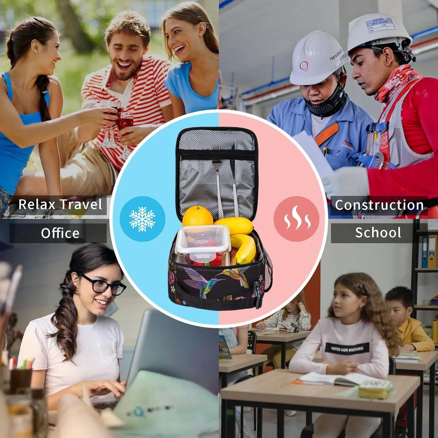 Hummingbird Bird With Flowers Portable Lunch Bag Insulated Meal Bag Reusable Lunch Box Cooler Bag Food Container For School Work Travel Picnic Camping