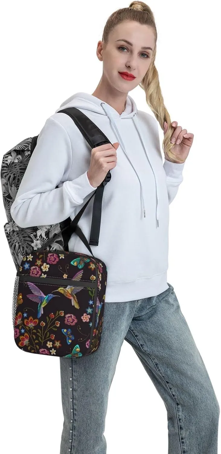 Hummingbird Bird With Flowers Portable Lunch Bag Insulated Meal Bag Reusable Lunch Box Cooler Bag Food Container For School Work Travel Picnic Camping