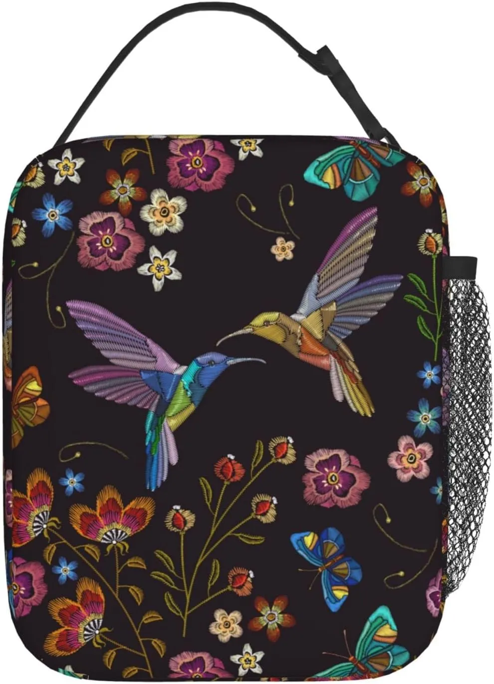 Hummingbird Bird With Flowers Portable Lunch Bag Insulated Meal Bag Reusable Lunch Box Cooler Bag Food Container For School Work Travel Picnic Camping