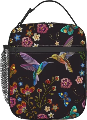 Hummingbird Bird With Flowers Portable Lunch Bag Insulated Meal Bag Reusable Lunch Box Cooler Bag Food Container For School Work Travel Picnic Camping
