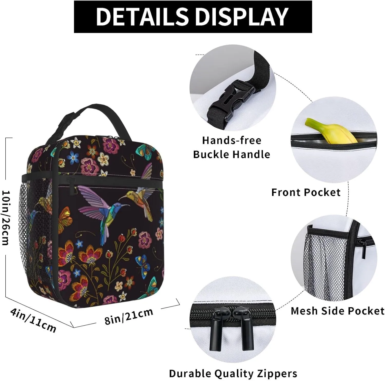Hummingbird Bird With Flowers Portable Lunch Bag Insulated Meal Bag Reusable Lunch Box Cooler Bag Food Container For School Work Travel Picnic Camping
