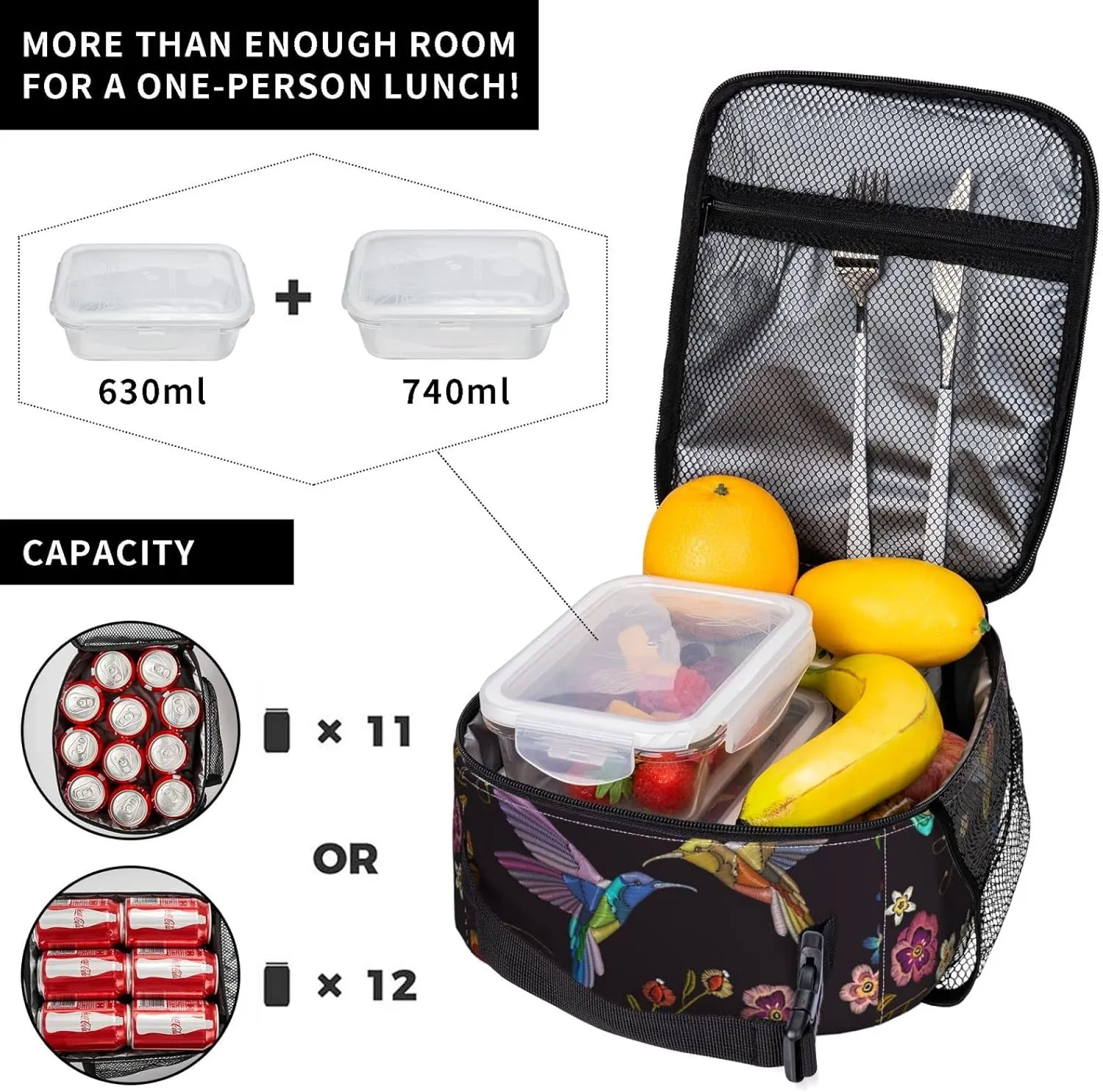 Hummingbird Bird With Flowers Portable Lunch Bag Insulated Meal Bag Reusable Lunch Box Cooler Bag Food Container For School Work Travel Picnic Camping