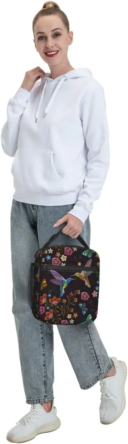 Hummingbird Bird With Flowers Portable Lunch Bag Insulated Meal Bag Reusable Lunch Box Cooler Bag Food Container For School Work Travel Picnic Camping