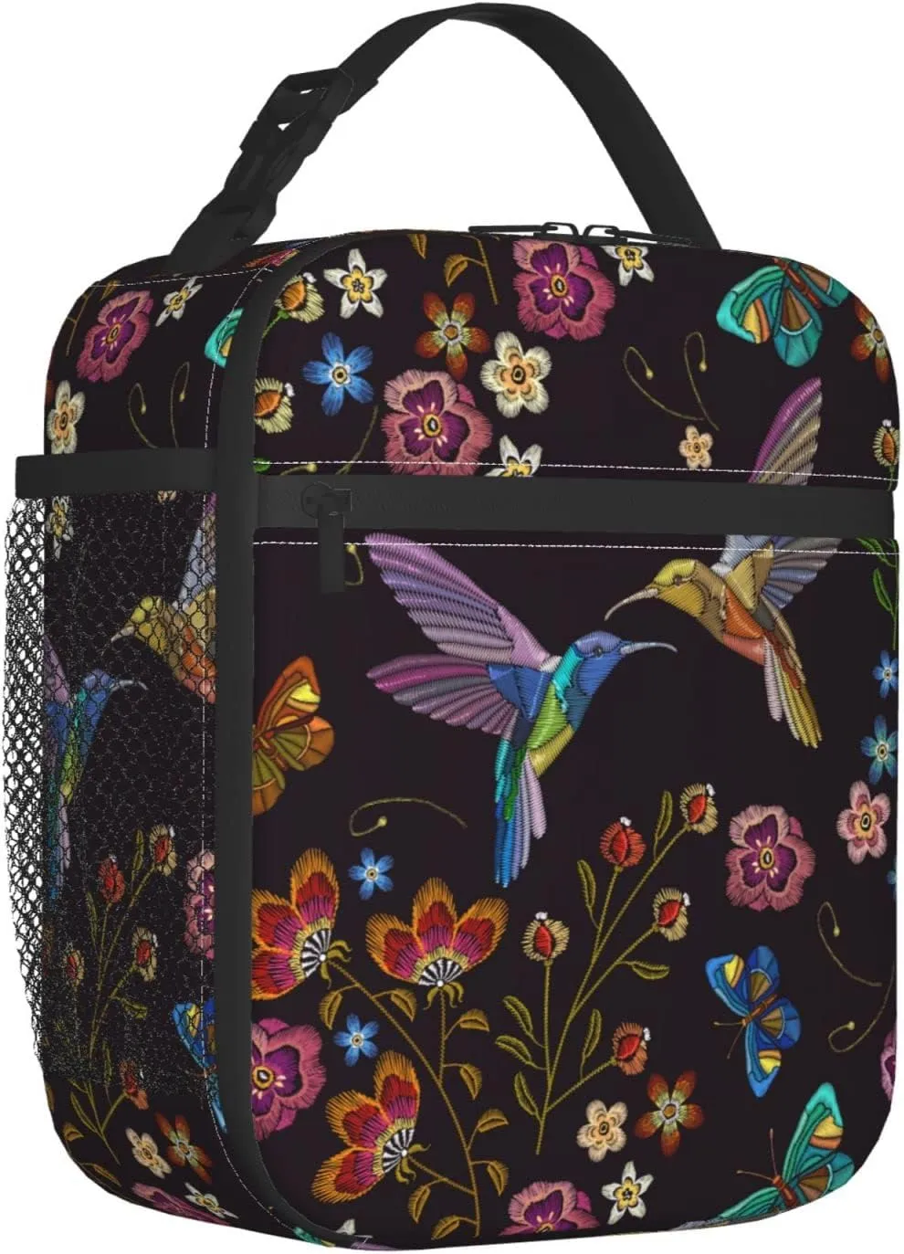 Hummingbird Bird With Flowers Portable Lunch Bag Insulated Meal Bag Reusable Lunch Box Cooler Bag Food Container For School Work Travel Picnic Camping