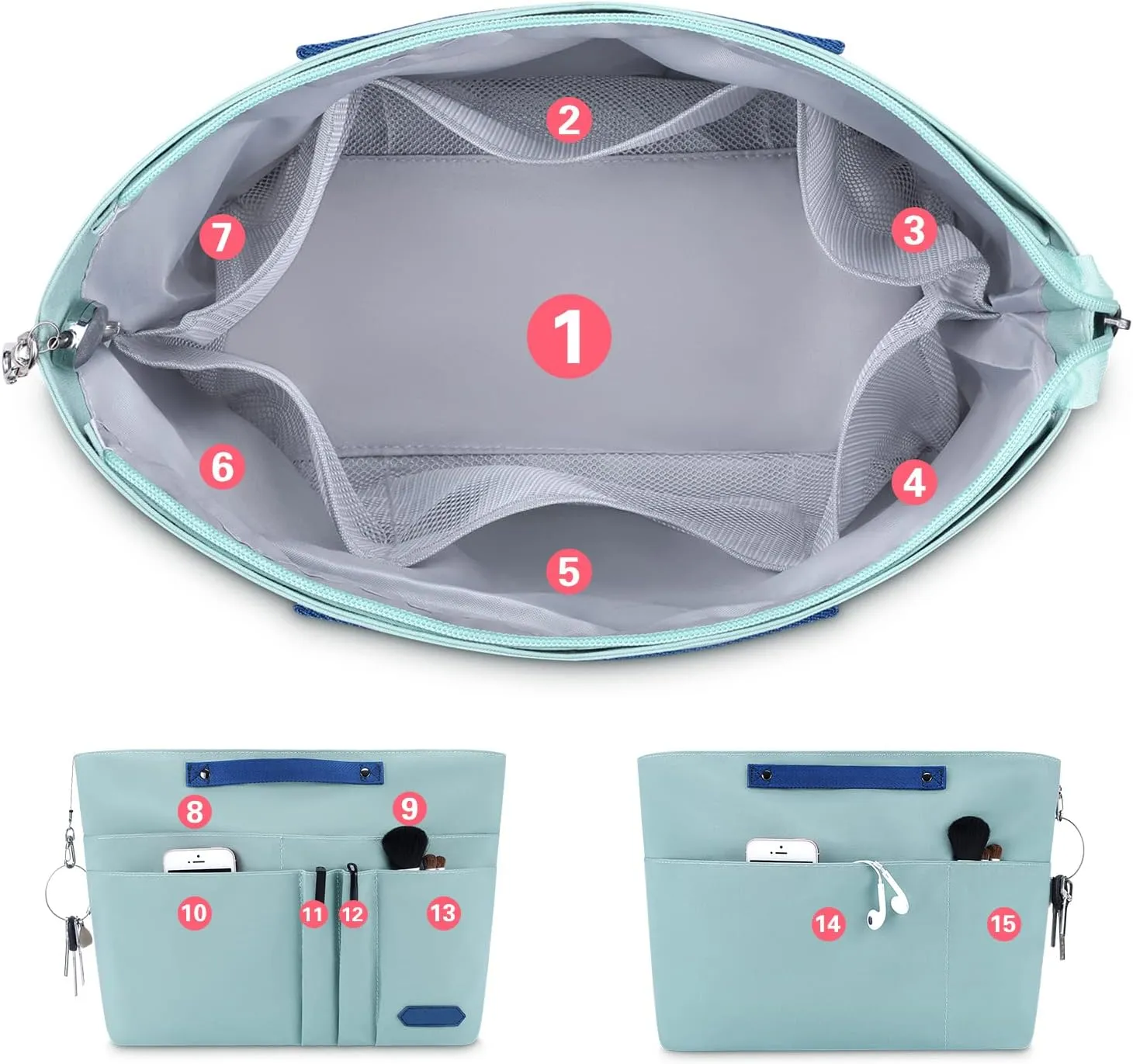 HyFanStr Purse Organizer Insert for Handbags,Tote Bag Organizer Insert Zipper Bag for Women, Handbag Organizer Inside Liner with 15 Pockets