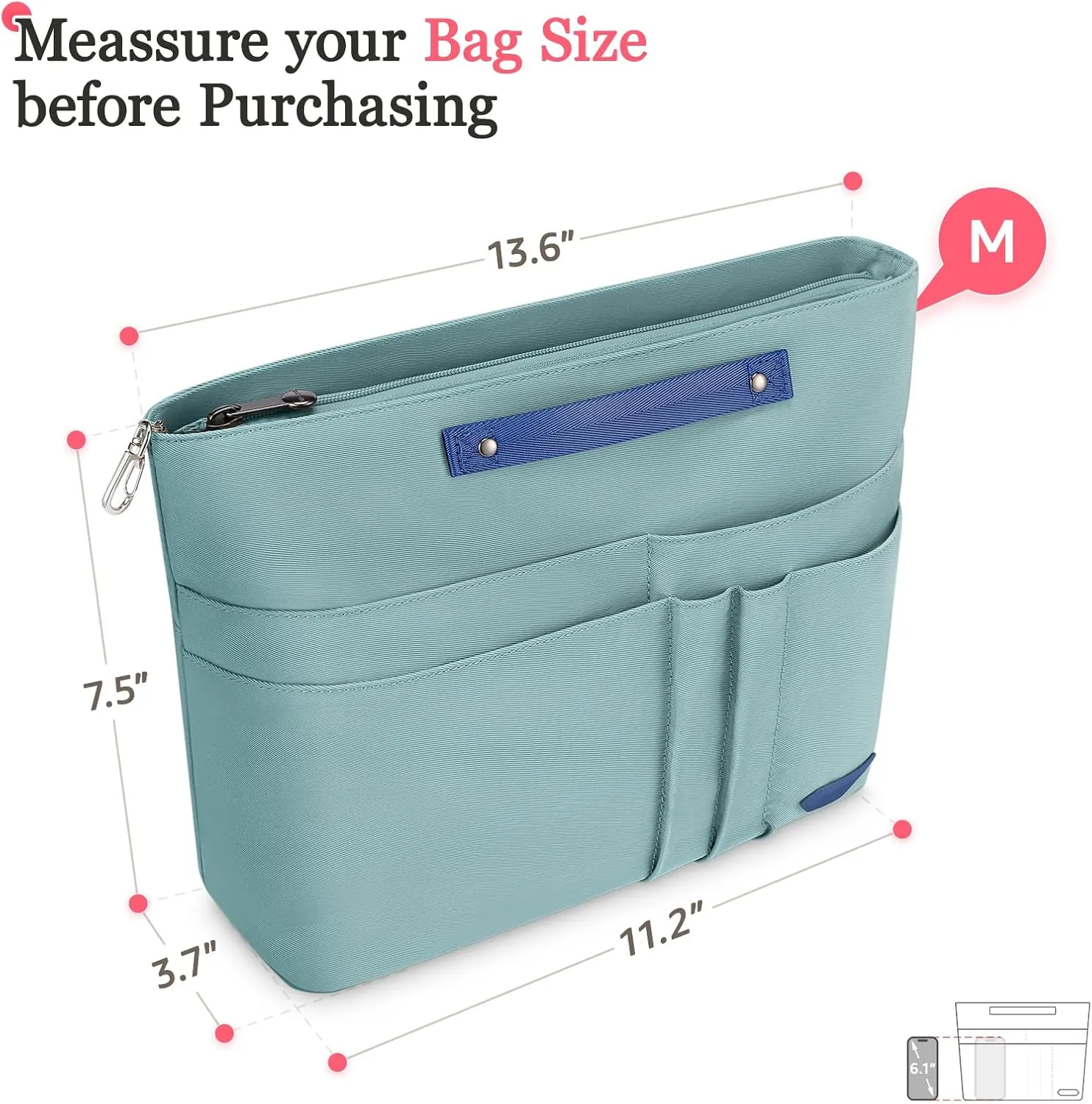 HyFanStr Purse Organizer Insert for Handbags,Tote Bag Organizer Insert Zipper Bag for Women, Handbag Organizer Inside Liner with 15 Pockets