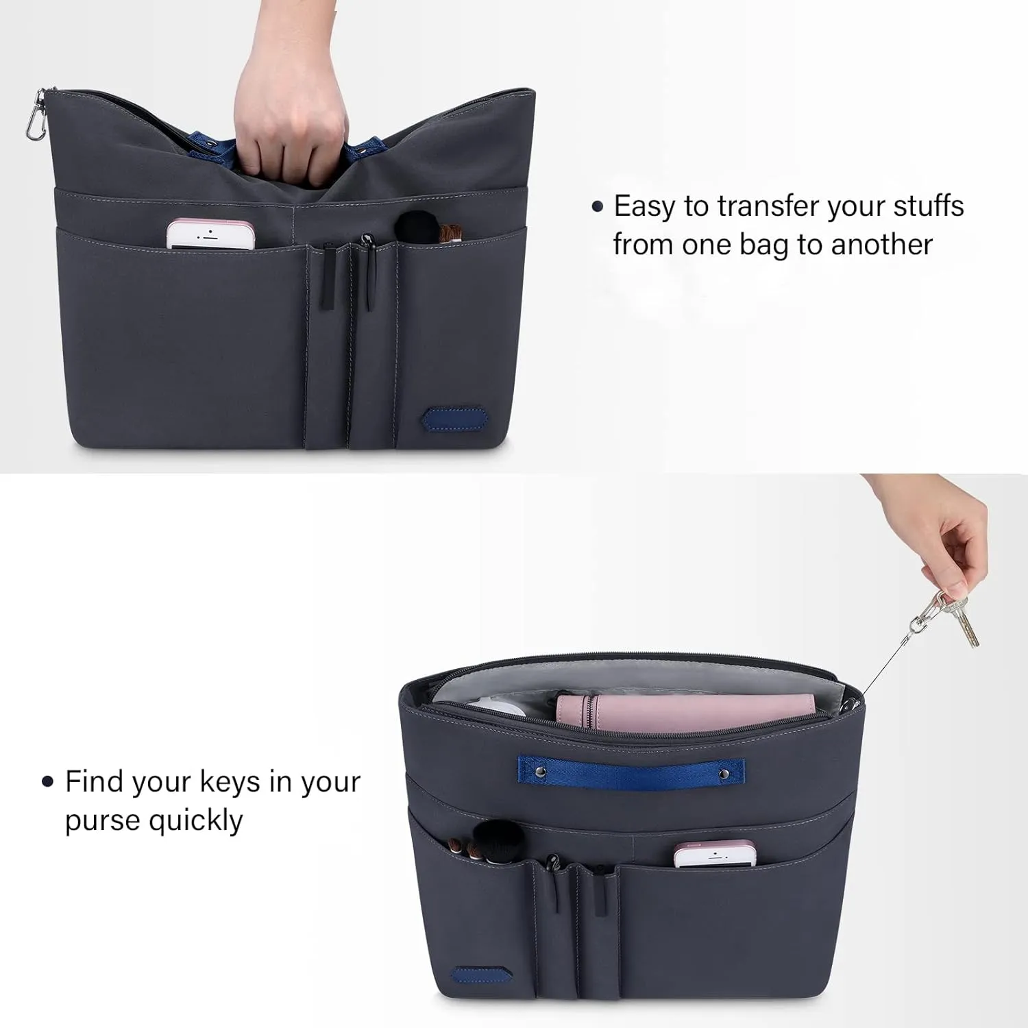 HyFanStr Purse Organizer Insert for Handbags,Tote Bag Organizer Insert Zipper Bag for Women, Handbag Organizer Inside Liner with 15 Pockets