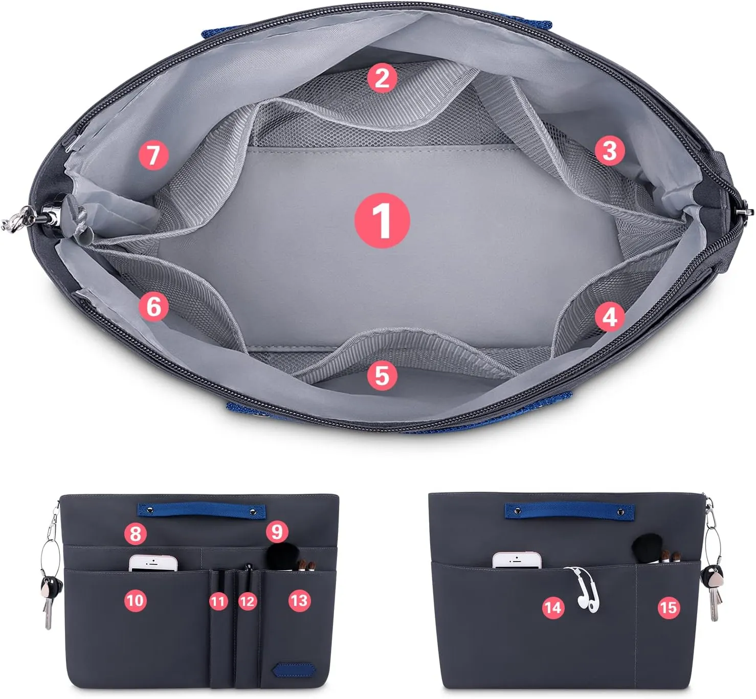 HyFanStr Purse Organizer Insert for Handbags,Tote Bag Organizer Insert Zipper Bag for Women, Handbag Organizer Inside Liner with 15 Pockets