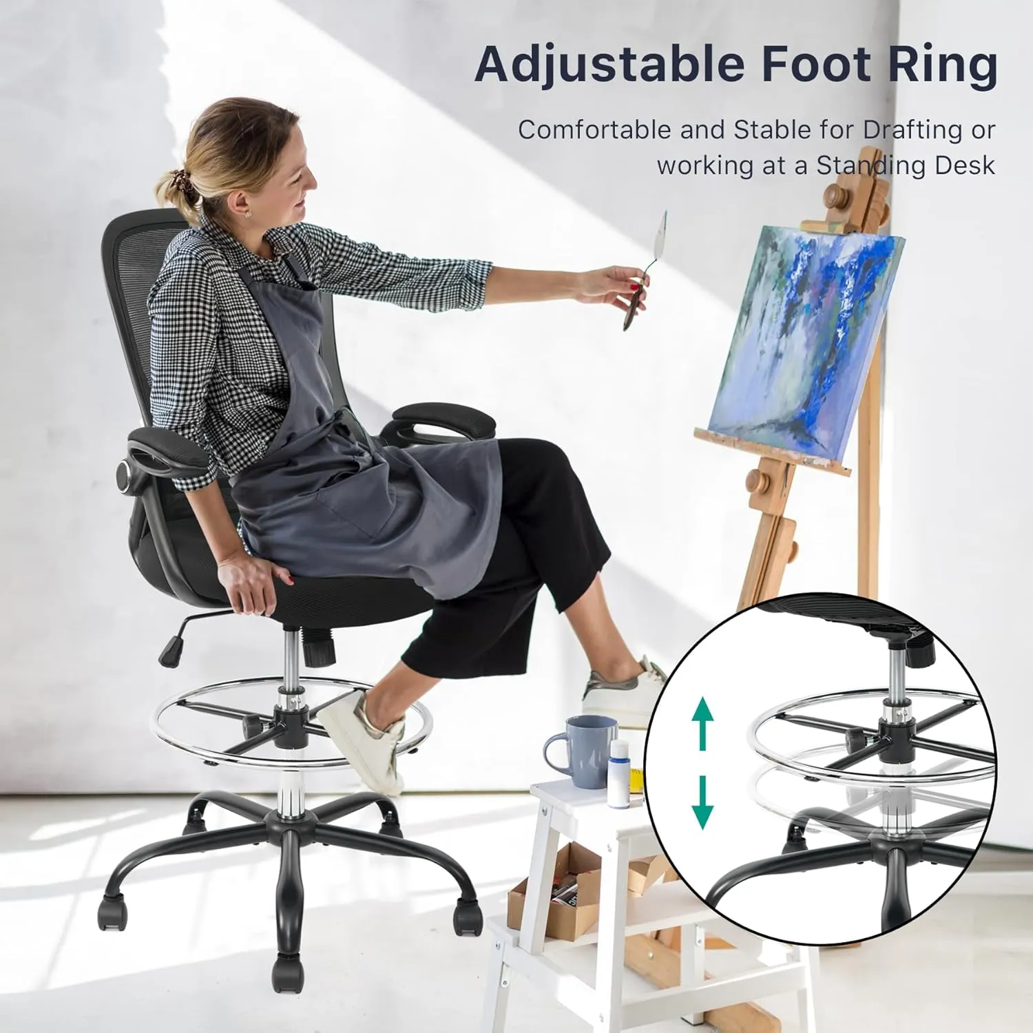 HYLONE Drafting Chair Tall Office Chair High-Back Mesh Standing Desk Stool with Adjustable Footrest Ring and Flip-Up Arms (Black)