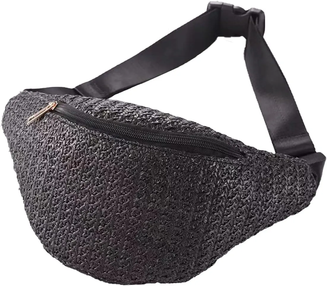 IAMUHI Straw Woven Fanny Pack Cross Chest Shoulder Handbag Purse Handwoven Beach Bag,Black