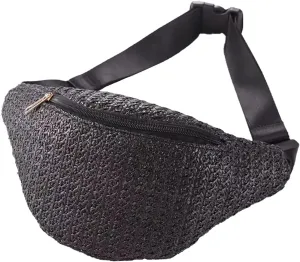 IAMUHI Straw Woven Fanny Pack Cross Chest Shoulder Handbag Purse Handwoven Beach Bag,Black