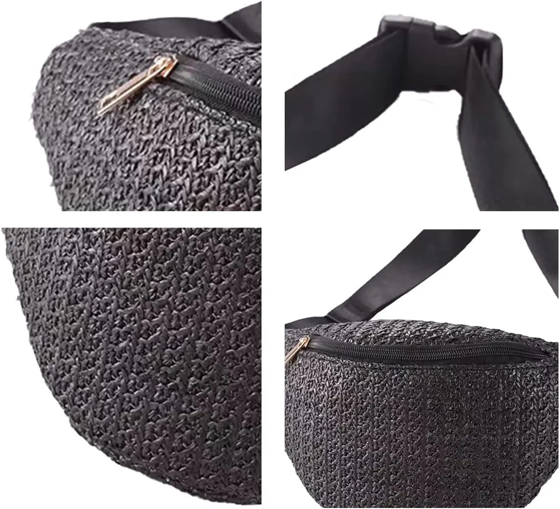 IAMUHI Straw Woven Fanny Pack Cross Chest Shoulder Handbag Purse Handwoven Beach Bag,Black