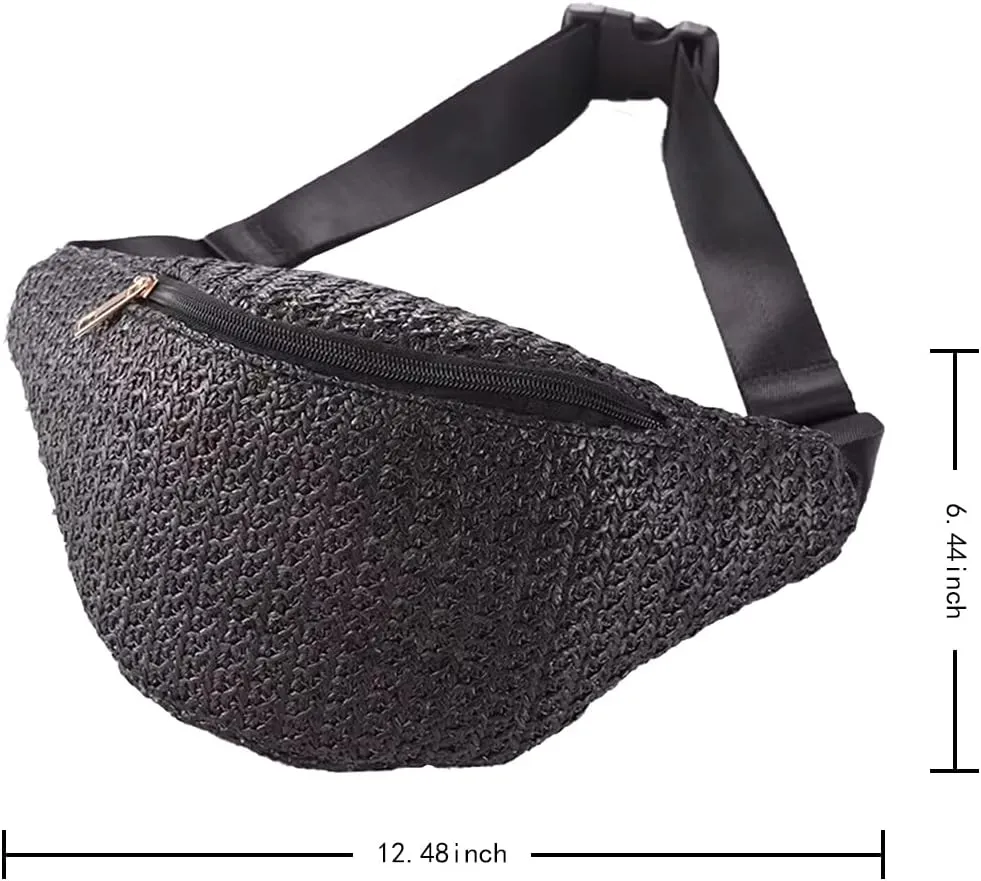 IAMUHI Straw Woven Fanny Pack Cross Chest Shoulder Handbag Purse Handwoven Beach Bag,Black