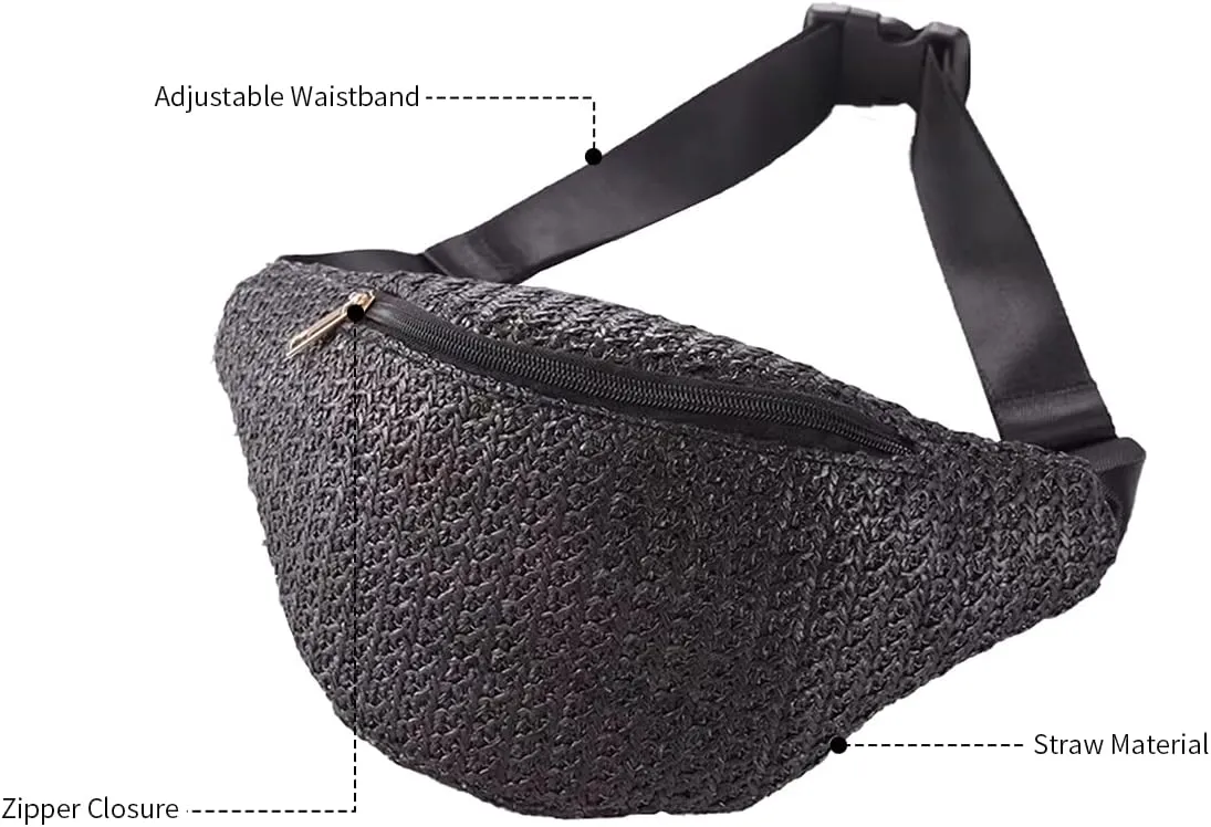 IAMUHI Straw Woven Fanny Pack Cross Chest Shoulder Handbag Purse Handwoven Beach Bag,Black