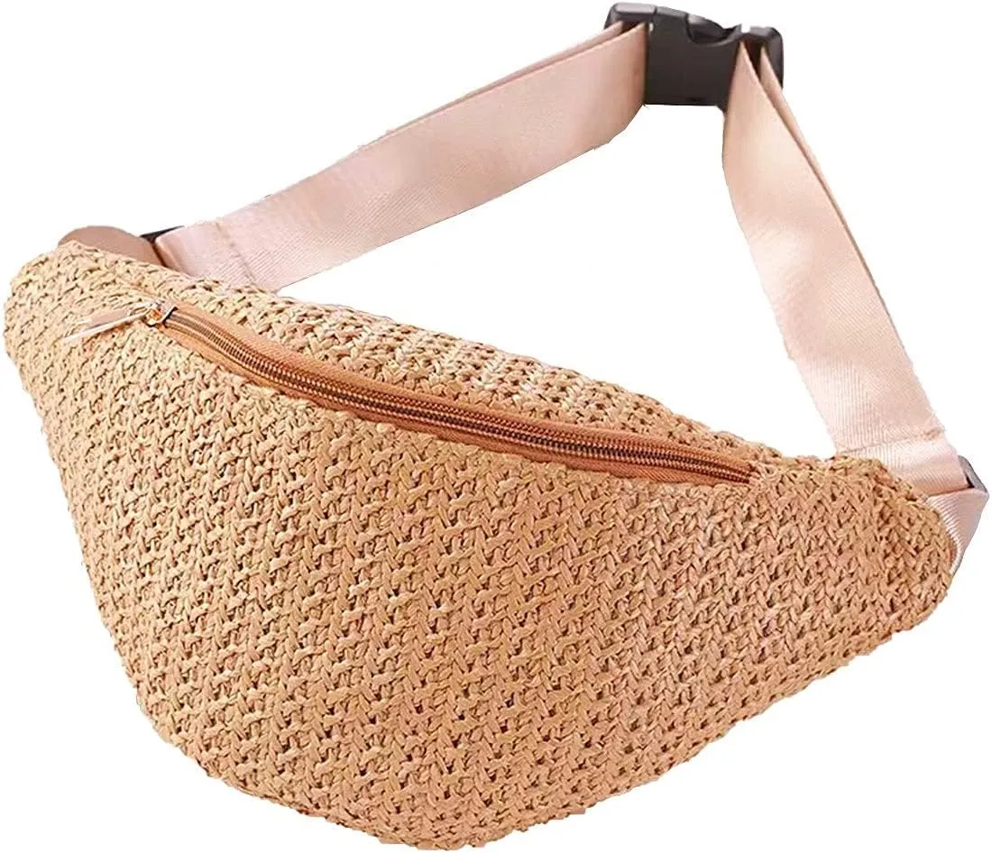 IAMUHI Straw Woven Fanny Pack Cross Chest Shoulder Handbag Purse Handwoven Beach Bag,Khaki