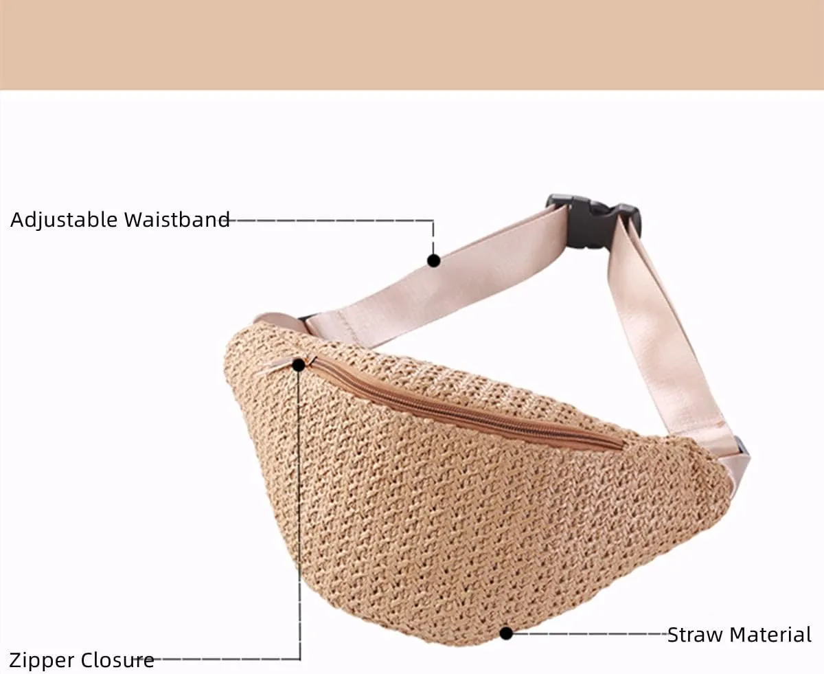 IAMUHI Straw Woven Fanny Pack Cross Chest Shoulder Handbag Purse Handwoven Beach Bag,Khaki
