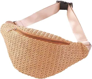 IAMUHI Straw Woven Fanny Pack Cross Chest Shoulder Handbag Purse Handwoven Beach Bag,Khaki