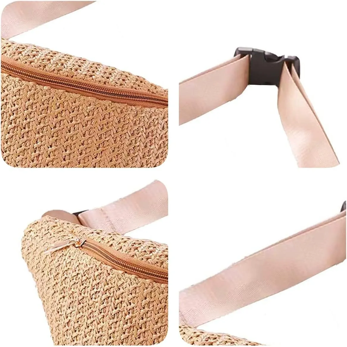 IAMUHI Straw Woven Fanny Pack Cross Chest Shoulder Handbag Purse Handwoven Beach Bag,Khaki