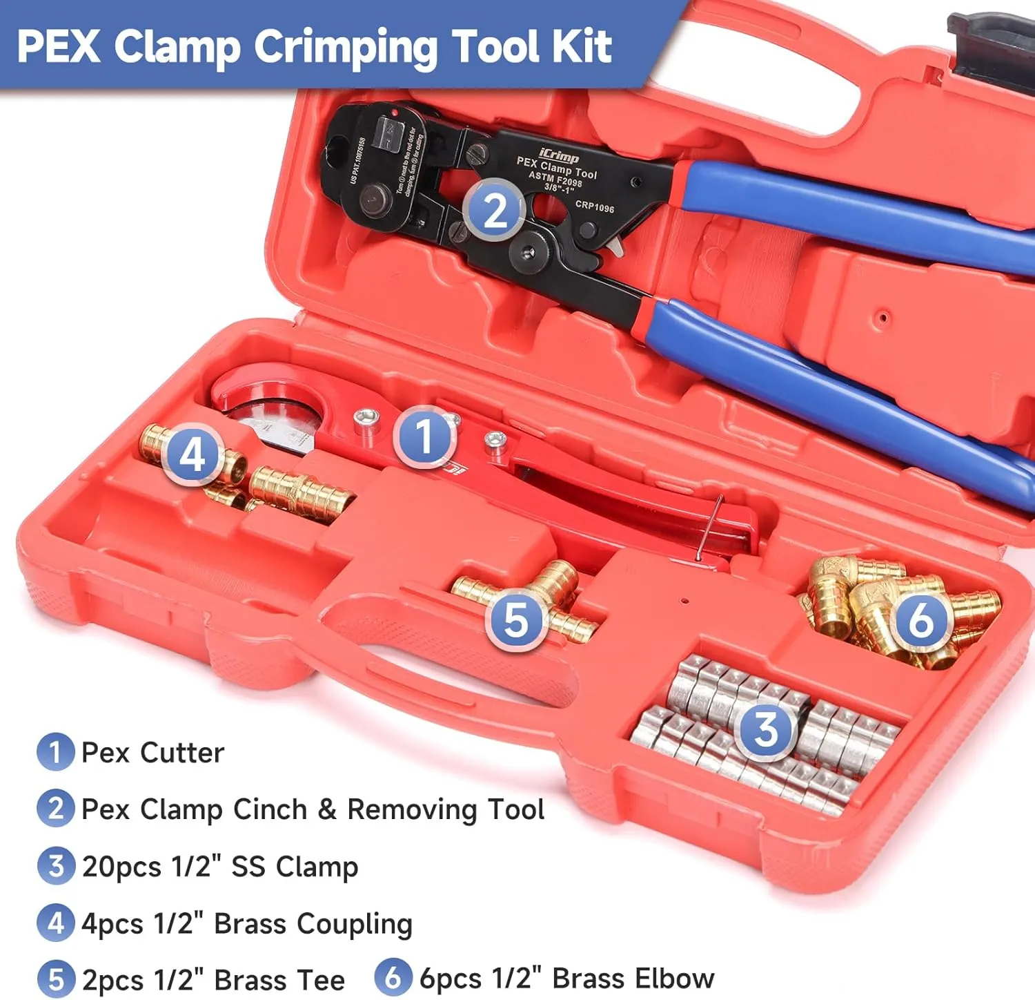 iCRIMP Ratchet Cinch Tool with Removing Function for 3/8 to 1-inch Stainless Steel Clamps and 20pcs 1/2-inch PEX Clamps and 12pcs 1/2-inch Pex Fittings