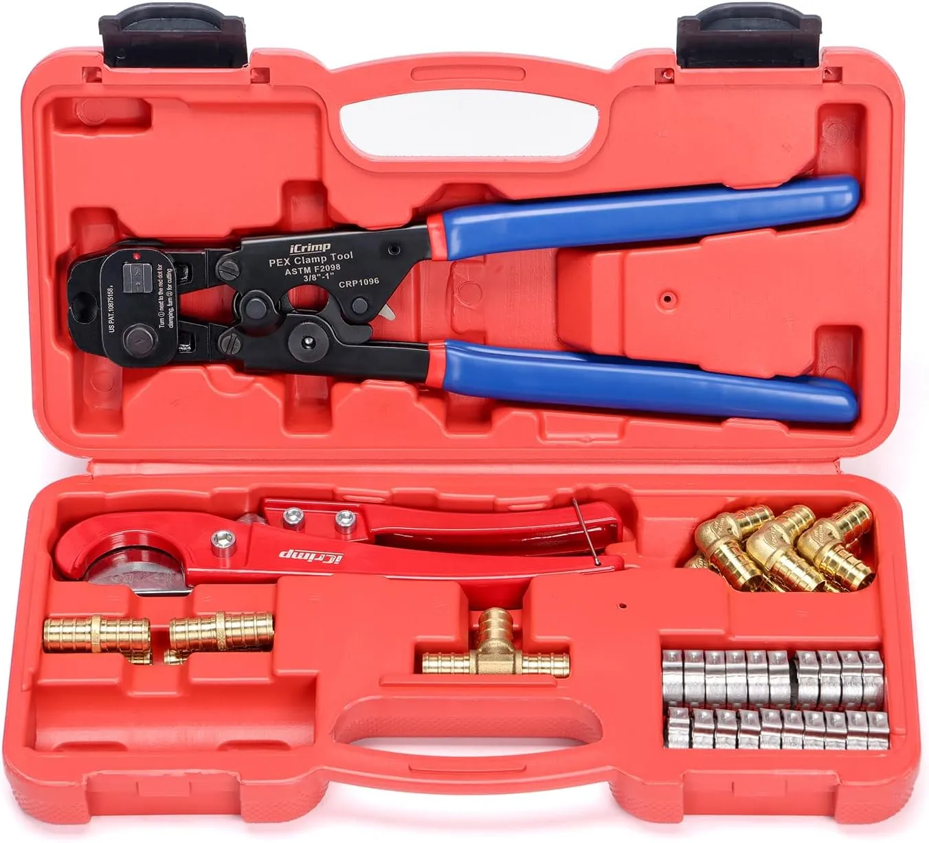 iCRIMP Ratchet Cinch Tool with Removing Function for 3/8 to 1-inch Stainless Steel Clamps and 20pcs 1/2-inch PEX Clamps and 12pcs 1/2-inch Pex Fittings
