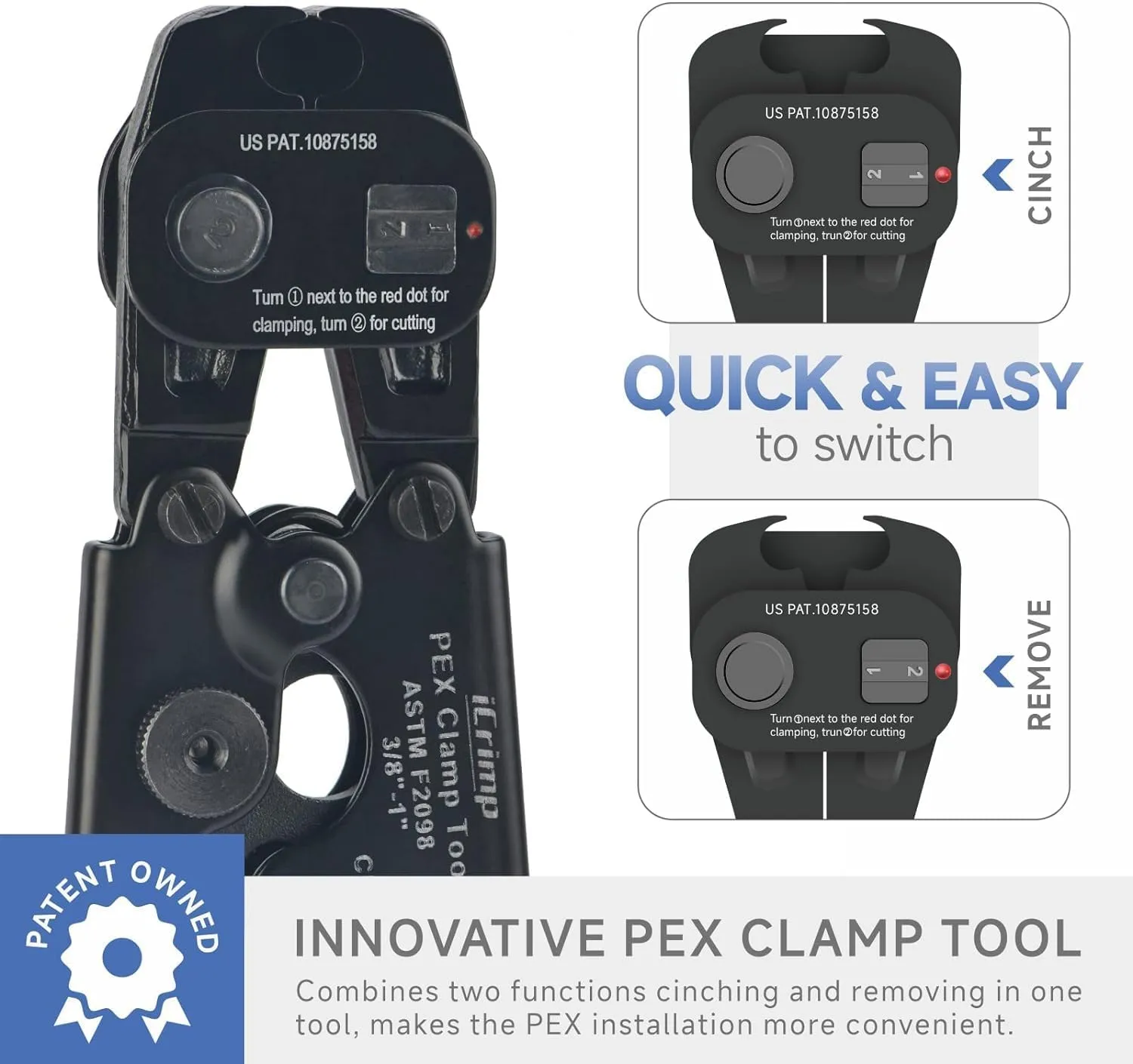 iCRIMP Ratchet Cinch Tool with Removing Function for 3/8 to 1-inch Stainless Steel Clamps and 20pcs 1/2-inch PEX Clamps and 12pcs 1/2-inch Pex Fittings