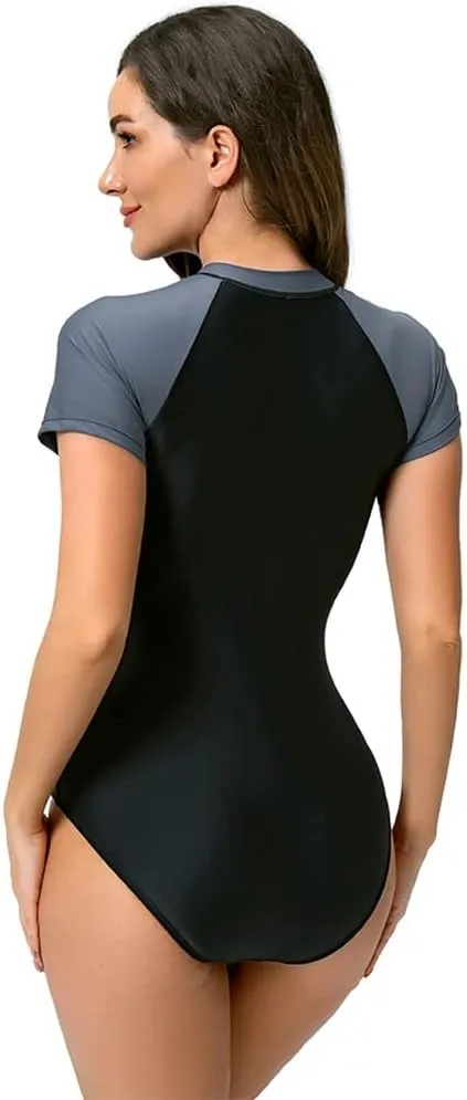 IMEKIS Women's One Piece Rash Guard Swimsuit UV Protection Floral Printed Surfing Zipper Swimwear Bathing Suit Beachwear