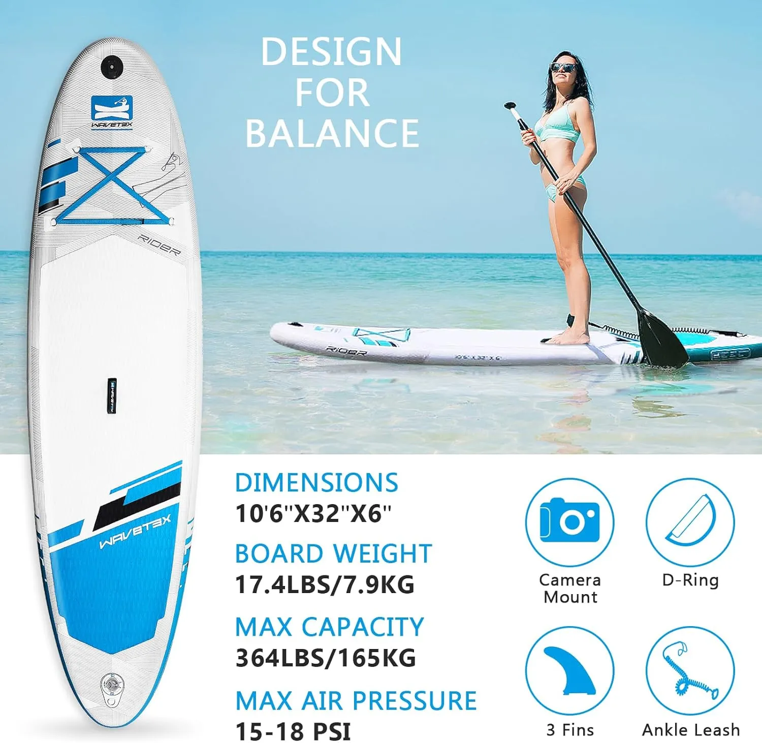 Inflatable Paddle Board, Stand Up Paddleboard with SUP Camera Seat, Wide Stance, Blow Up Paddle Board, ISUP Backpack, Pump, 3 Fins, 17.4lbs Ultra-Light Paddle Boards for Adults & Youth