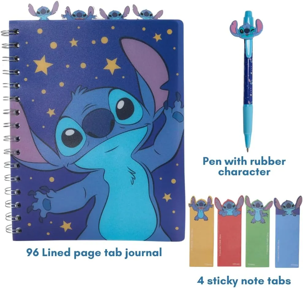 Innovative Designs Disney Stitch Tab Journal Spiral Notebook, Ballpoint Pen, Sticky Tabs, 96 Lined Pages, Dark Blue