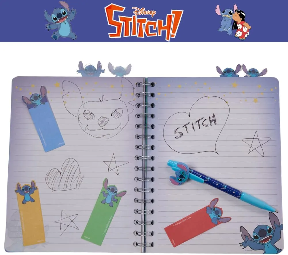 Innovative Designs Disney Stitch Tab Journal Spiral Notebook, Ballpoint Pen, Sticky Tabs, 96 Lined Pages, Dark Blue