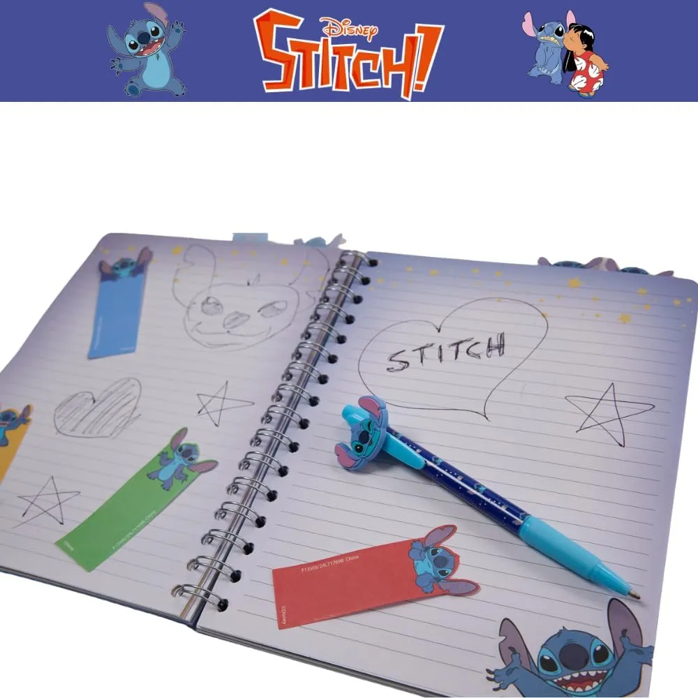 Innovative Designs Disney Stitch Tab Journal Spiral Notebook, Ballpoint Pen, Sticky Tabs, 96 Lined Pages, Dark Blue