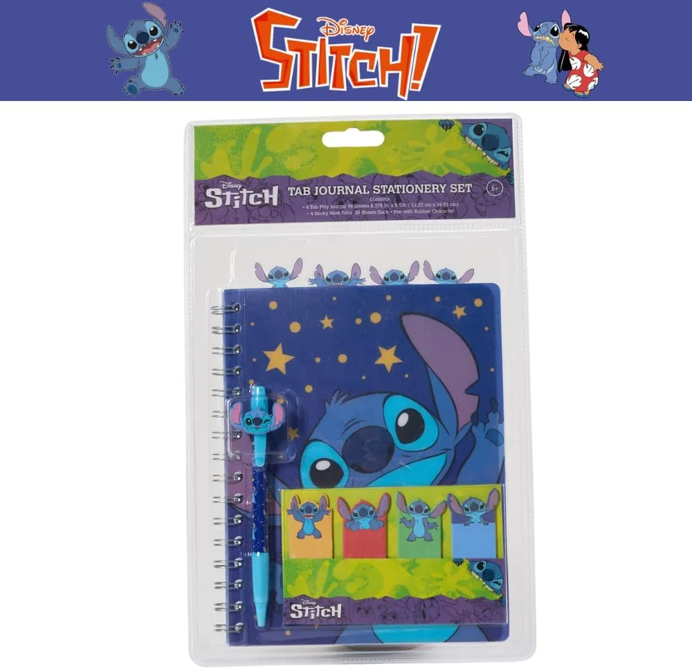 Innovative Designs Disney Stitch Tab Journal Spiral Notebook, Ballpoint Pen, Sticky Tabs, 96 Lined Pages, Dark Blue