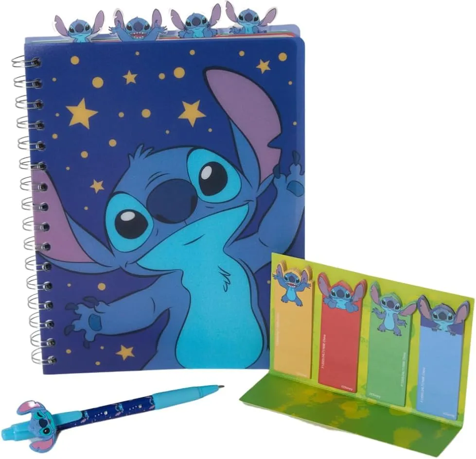 Innovative Designs Disney Stitch Tab Journal Spiral Notebook, Ballpoint Pen, Sticky Tabs, 96 Lined Pages, Dark Blue