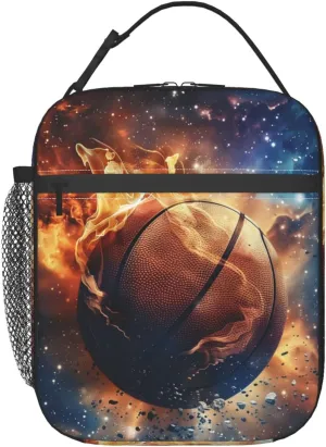 Insulated Lunch Box for Boys Girls Basketball Lunch Box for Work,Picnic,School,Travel,Hiking,Beach or Fishing Polyester Sport American Flag Basketball Theme Lunch Bag