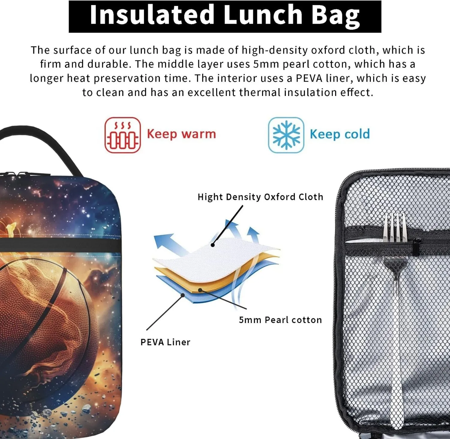 Insulated Lunch Box for Boys Girls Basketball Lunch Box for Work,Picnic,School,Travel,Hiking,Beach or Fishing Polyester Sport American Flag Basketball Theme Lunch Bag