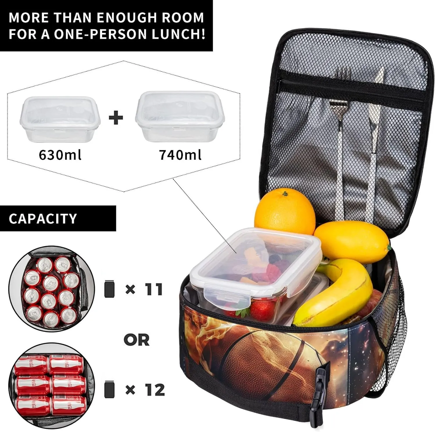 Insulated Lunch Box for Boys Girls Basketball Lunch Box for Work,Picnic,School,Travel,Hiking,Beach or Fishing Polyester Sport American Flag Basketball Theme Lunch Bag