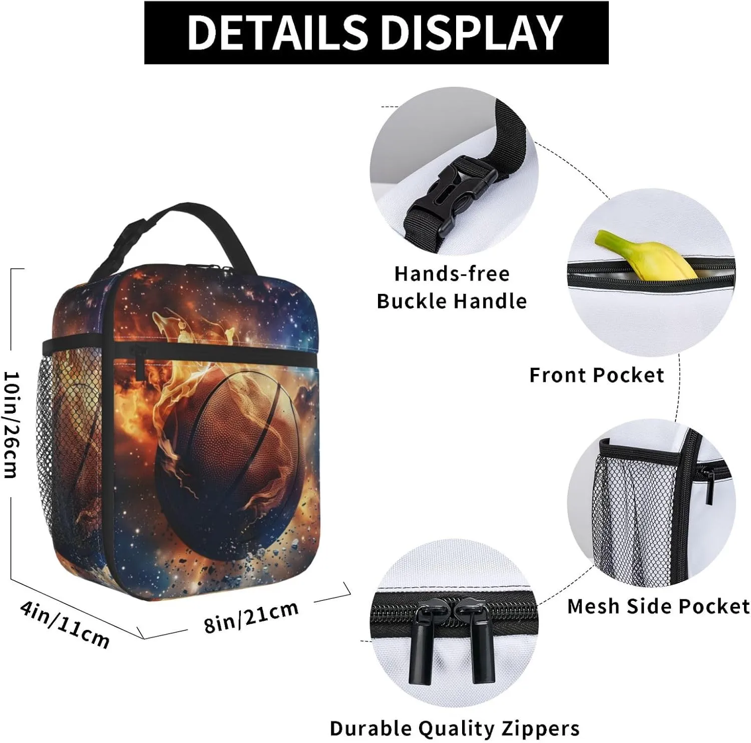 Insulated Lunch Box for Boys Girls Basketball Lunch Box for Work,Picnic,School,Travel,Hiking,Beach or Fishing Polyester Sport American Flag Basketball Theme Lunch Bag