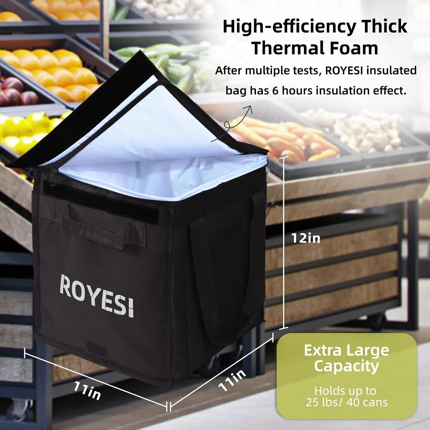 Insulated Reusable Grocery Bags - Insulated Cooler Bags for Groceries, Travel Cooler Bag for Frozen and Hot Food with Zippered Top (Black)