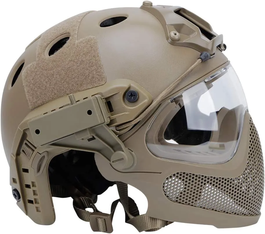 Integrated Tactical Airsoft Painball Full Face Protection, PJ Helmet F22, with Removable Steel Mesh Mask and Goggles