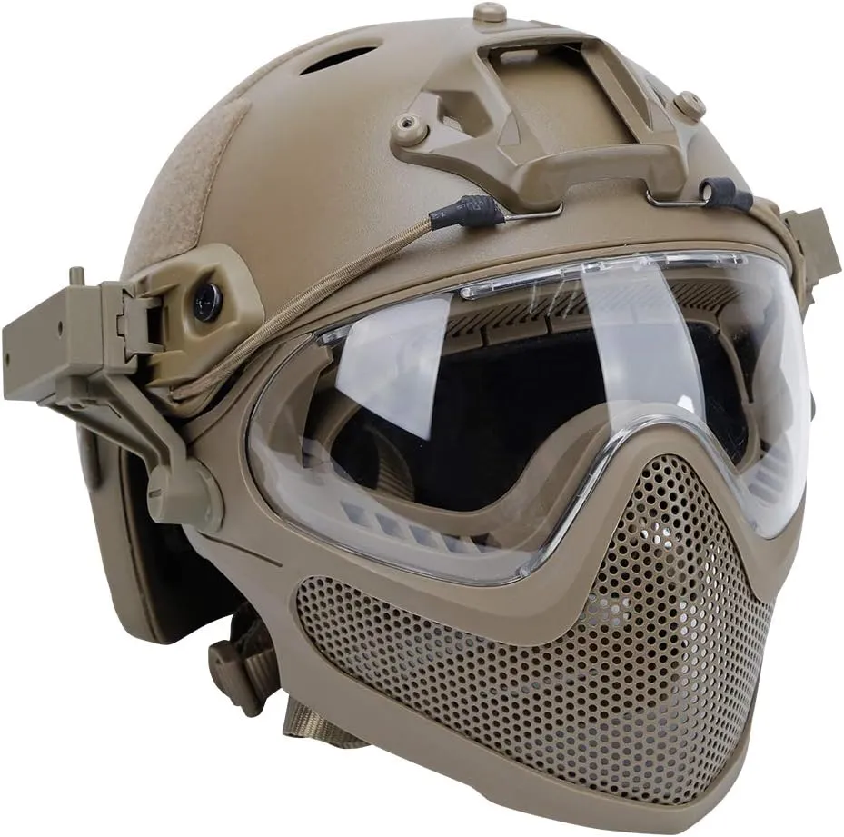 Integrated Tactical Airsoft Painball Full Face Protection, PJ Helmet F22, with Removable Steel Mesh Mask and Goggles