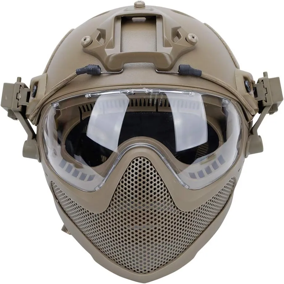 Integrated Tactical Airsoft Painball Full Face Protection, PJ Helmet F22, with Removable Steel Mesh Mask and Goggles